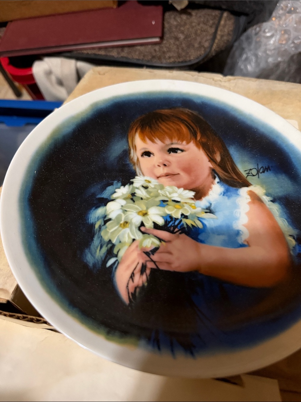Vintage Signed Blue Floral Girl Decorative Plate